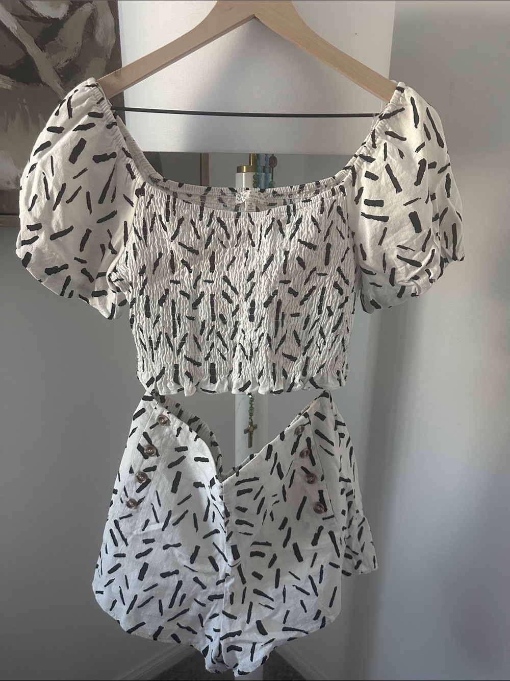 Women’s White Smocked Off-Shoulder Crop Top with Black Print Short Set